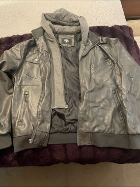 Black  Bomber Jacket with Attached Gray Hood